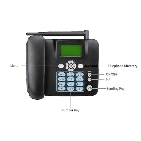(Svart) Fast trådlös telefon 4G skrivbordstelefon stöder GSM 850/900/1800/1900MHz SIM-kort trådlös telefon med antenn radioklocka