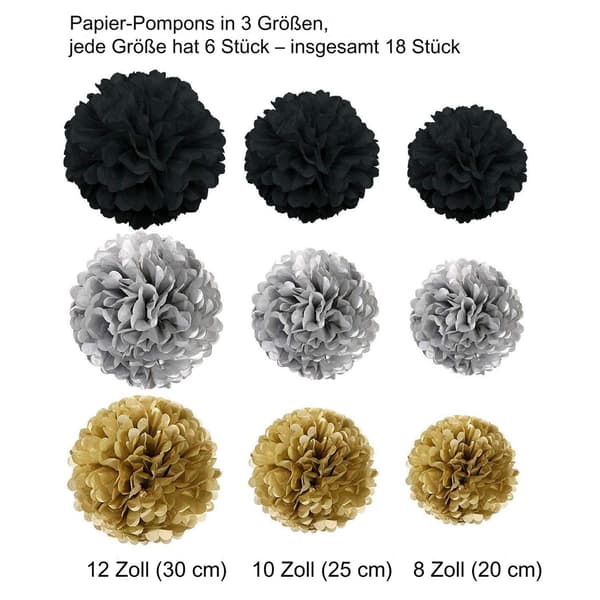 Papir pomponer, sorte og guld pomponer til bryllupsfestdekorationer, 18 stk.