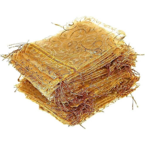 Bryllupsgaver Små Gaveposer, 100 stk. 10 cm x 12 cm Guld Organza Poser til Festgaver Små Virksomheder Slikposer Netpose