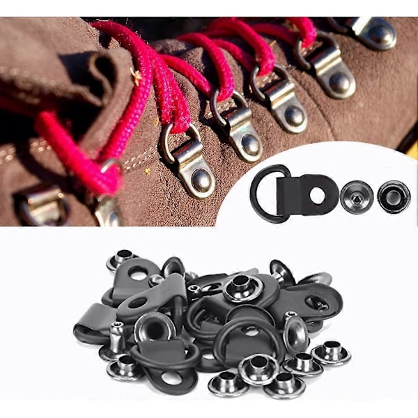 100 kpl Nauhakoukku D-rengas Niitti Messinki Saappaankoukut Kiinnikkeet Niiteillä DIY Niittityökalu Mattamusta 9x14mm