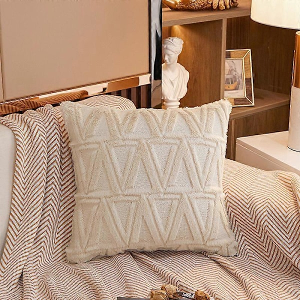 6 st Beige Mjuka Plysch Ulliga Korta Sammet Dekorativa Kuddfodral Lyxig Stil för Soffa Sovrum Vit 45 x 45 cm