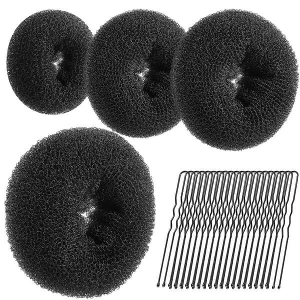 Hårknold Styling Kit, 4 Størrelser Sort Donut Knold Maker og 20 Guldnåle til Blondiner, Chignon Knold Maker Hårring Styling Tilbehør