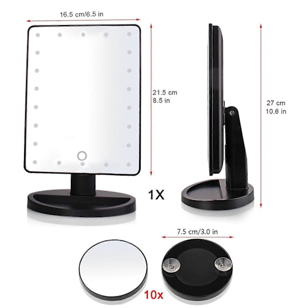 Valkoinen valaistu peili, 10X suurentava LED-meikkipeili, LED-peili, USB- ja akkulataus, 180 meikkipeili, valaistu suurentava peili meikkiin,