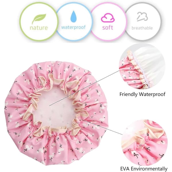 Vanntett Dusjhette i Plast med Dobbelt Lag for Kvinner, med Elastisk Bånd, Gjenbrukbar Dusjhette for Hår, Egnet (Rosa Fugl)