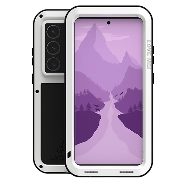 (Valkoinen) LOVE MEI Samsung Galaxy S24 Ultra -kotelo Metalli + Silikoni Puhelinkuori Karkaistulla Lasikalvolla - Valk White