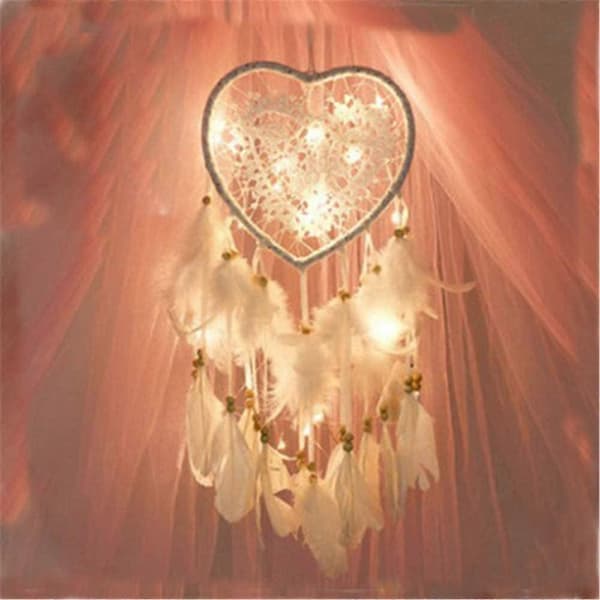 Drömfångare, Boho Stil LED-Lampa Handgjord för Sovrum Bildekoration, Drömfångare Väggbonad Romantisk Dekor (Vit, Ljus)