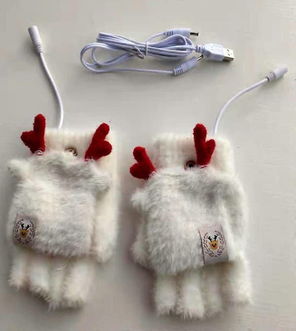 USB Vendbare Opvarmede Handsker Vinter Efterår Strikkede Halvfingerklap Faux Mink Hjortehandsker, A