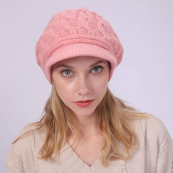 Stickad damhatt med skärm Stickade mössor Basker Mössa Varma skidmössor för vintern Pink
