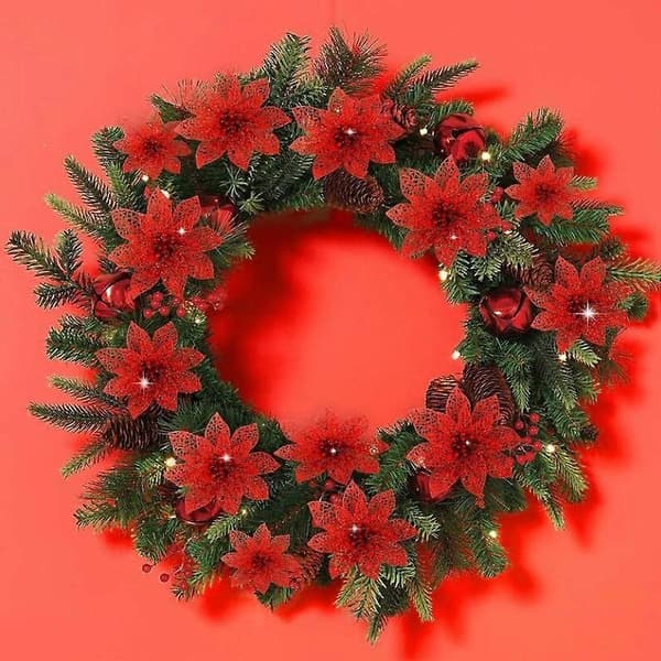 24 røde julestjerner med glitter, juletrepynt, juleblomster, julebordpynt, jul