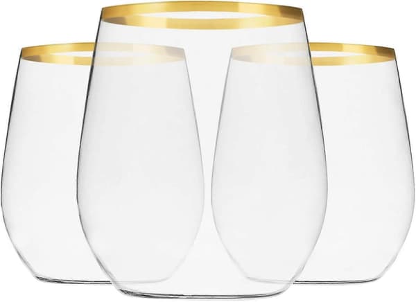24-pak Plastik Stemless Glas - 35 cl Brudsikre Kopper med Guldkant