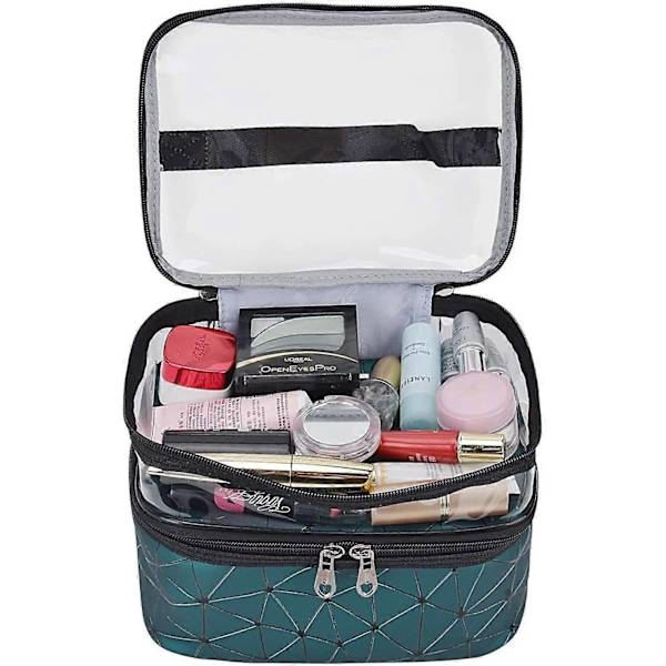 Makeup Taske med Dobbelt Lag - Makeup Organizer - Mørkegrøn