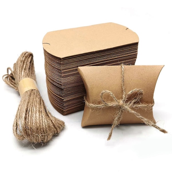60 stk. Kraftpapir Pudeformede Slikæsker, med Jute Snor, Foldbart Design