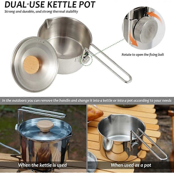 Campingkastrull i rostfritt stål med lock, avtagbart handtag, 1L/34oz