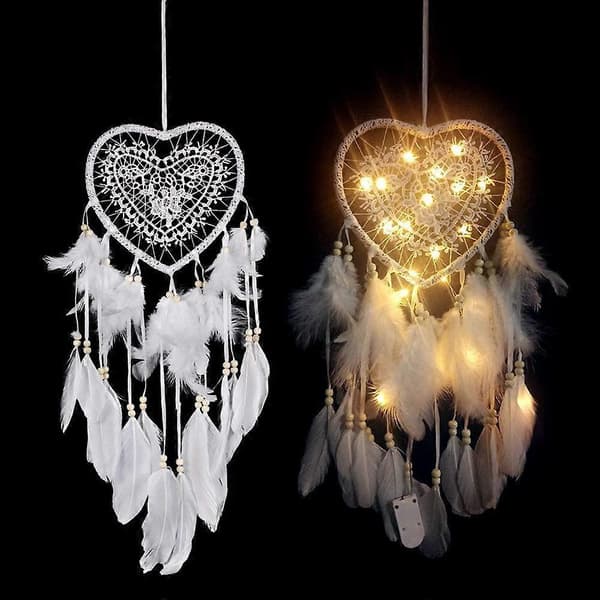 Drömfångare, Boho Stil LED-Lampa Handgjord för Sovrum Bildekoration, Drömfångare Väggbonad Romantisk Dekor (Vit, Ljus)