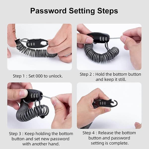 Kombinationslås för hjälm med 3-siffrig kod, 90 cm lång kabel, röd