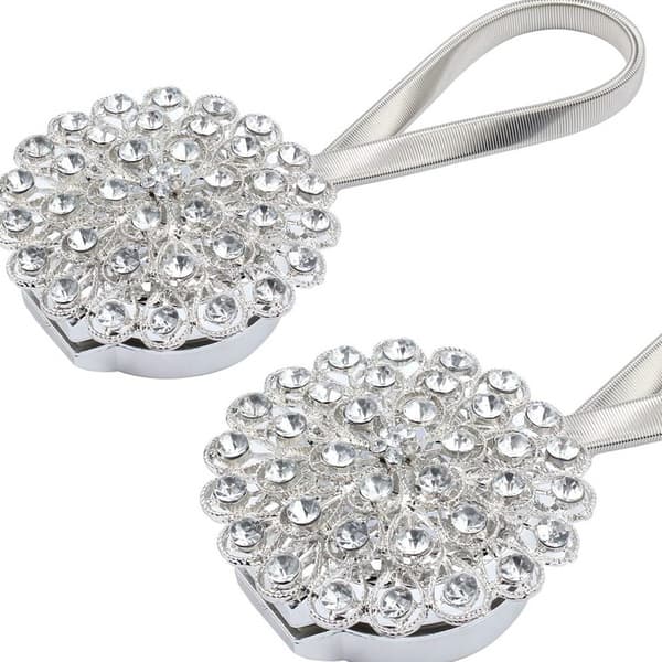 Magnetiske gardinholdere, blomsterform med glimmer, sølv, 2-pak