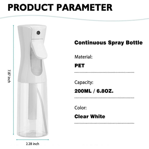 Kontinuerlig Sprayflaska 200 ml (Klar Vit-2 Pack), Mister Sprayflaska för Hår, Fin Mist Vattensprayflaska för Salonger, Hårstyling, Växter