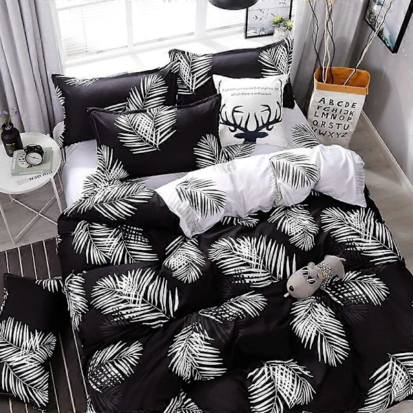 Sött Mjukt Vändbart Påslakanset med Lövmotiv för Kvinnor, Blommigt Palmblad Dekor, Queen Size