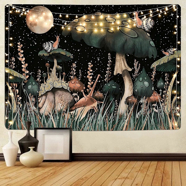 Mushroom Tapestry Svart Skog Snigel Hängande Måne Stjärnor Växter Väggtyg Väggkonst Tapestry för Sovrum Vardagsrum 150x130cm