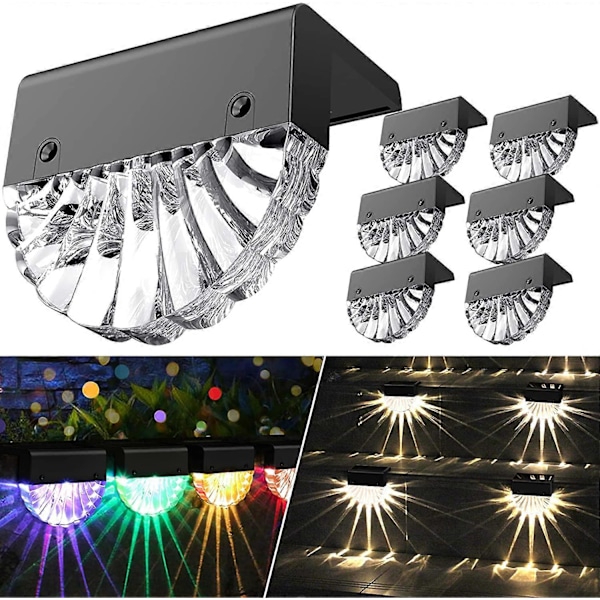 Solar Utendørs Hagelys, LED Utendørs Vegglampe, 6-pakning Varm Hvit+RGB Farge, Solar Gjerdelamper for Vegg, Gjerde, Terrasse, Hage, Trappetrinn, Trapp, 9*5.8