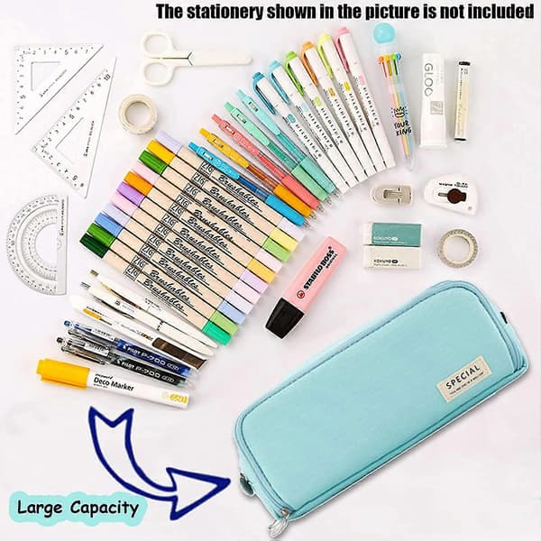 Pencil Case til Teenagere og Piger - 3 Rum - Stor Kapacitet - til Skole og Kontor (Lyseblå)
