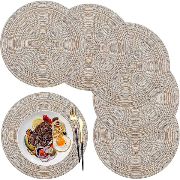 Mats, rund bordstablett PP vävd set om 6 tvättbara värmebeständiga halkfria, 36 cm, kaffefärg