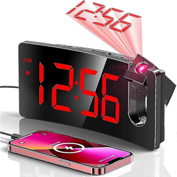 (Rød Digit rød Projeksjon) Projeksjonsvekkerklokke, Digital Klokke med 180° Roterbar Projektor, 3 nivåer Lysstyrkedimmer, YH