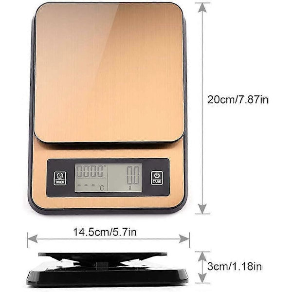 Elektronisk våg för handbryggt kaffe med timer, termometer, vägning, rostning, köksvåg 2kg-0.1g guld