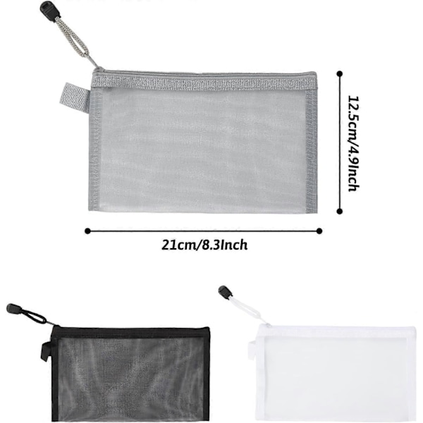 3-pak Gennemsigtige Mesh Penalhuse med Lynlås til Makeup og Blyanter til Kvinder - 21 x 12 cm, Sort Hvid Grå