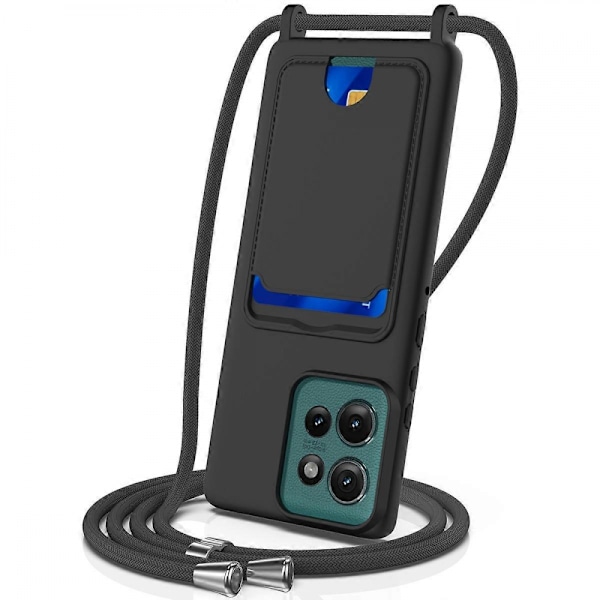 For Motorola Edge 50 5G Deksel Flytende Silikon Kortholder Telefon Bakdeksel med Lanyard - Svart