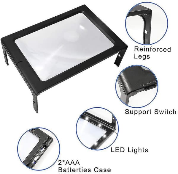 Läsförstoringsglas, 12 LED Ultra Bright Illuminated Desk Magnifier Lamp Light 2.5x Förstoring Rektangulär Upplyst Med St