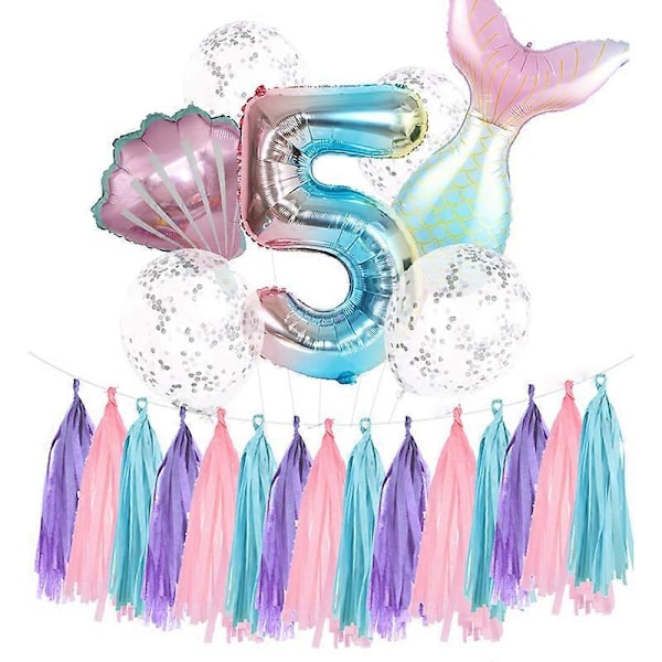 Sjöjungfru 5-års Kalas Dekorationer för Flickor - Siffra 5 Ballong, 12 Tum med Fem Banner | Sjöjungfru Födelsedagsdekorationer för Flickor 5 | Sjöjungfru Kal