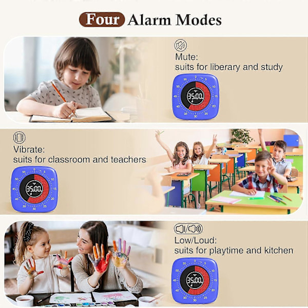 Oppladbar Visuell Timer, 4 Alarmmoduser, Avansert 60 Minutters Tidsinnstilling & Nedtellingstimer for Barn Matlaging Kontor Blå