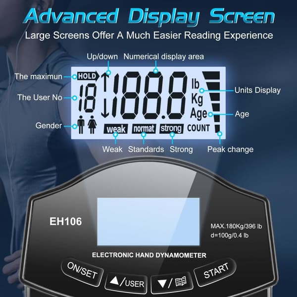 Gripstyrketestare, 180 kg Digital Handdynamometer Gripstyrkemätare USB LCD-skärm Hand