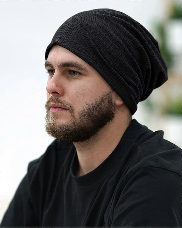 Trendy, stilig lue av strikket kvalitetsstoff, pustende og elastisk skull cap-hatt, grå+svart