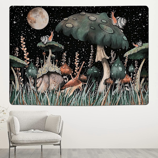 Mushroom Tapestry Svart Skog Snigel Hängande Måne Stjärnor Växter Väggtyg Väggkonst Tapestry för Sovrum Vardagsrum 150x130cm