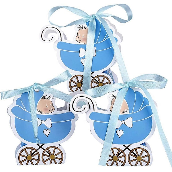 48 st Dop Presentaskar Barnvagn Form Papper och Band Ask Presentask Godisask med Pojke Flicka Bordsdekoration för Baby Shower Bröllop Baby Sho