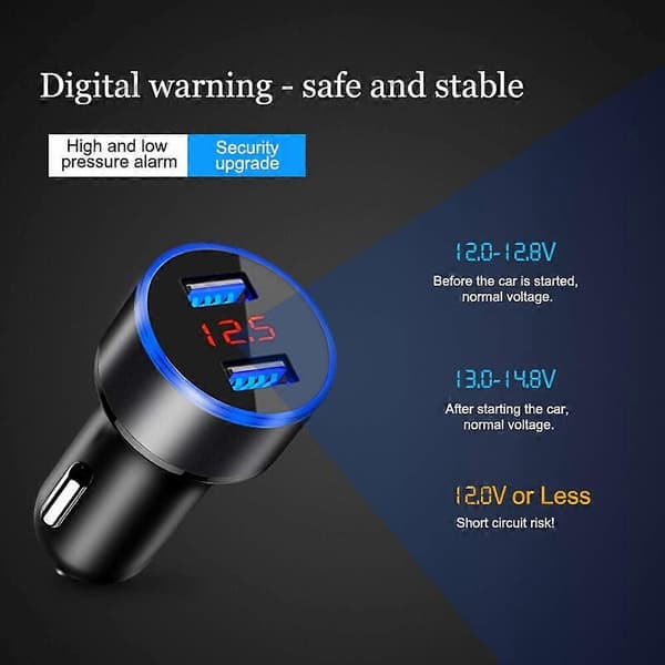 USB-billader, LED-skjerm Spenningsdetektor for bil 5V/3.1A Doble USB-porter Metall Billaderadapter for IPhone IPa