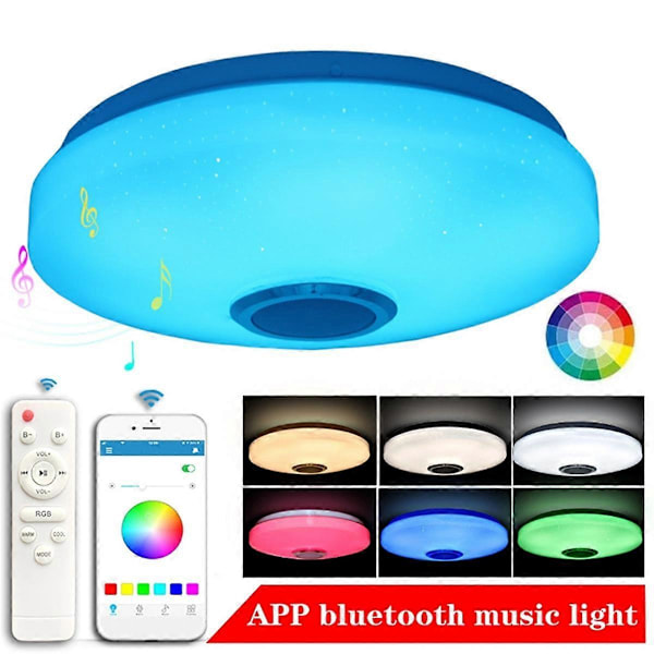 12 tommers taklampe med fjernkontroll og RGB Bluetooth-høyttaler, 24W LED innfelt dusjlampe EU-plugg