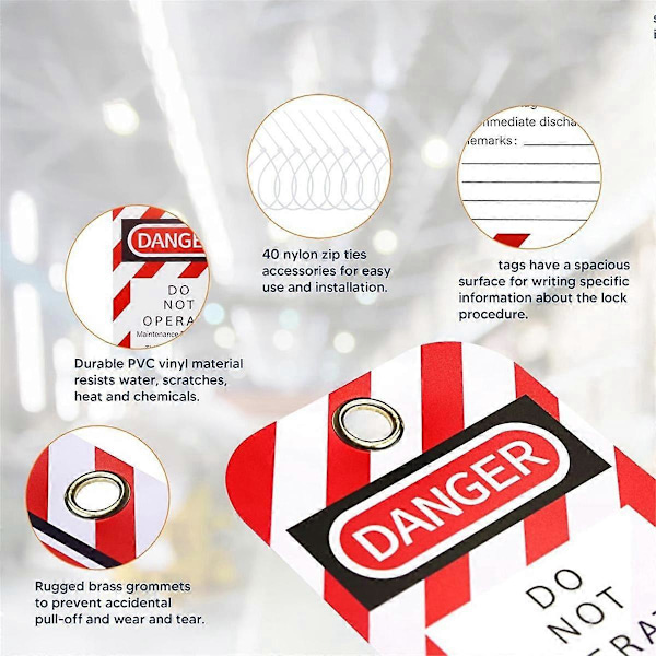 Lockout Tagout-taggar, 7,6 x 14,6 cm, 40 \"Fara - Får Ej Användas\"-taggar med 40 buntband, riv- och vattentåliga taggar
