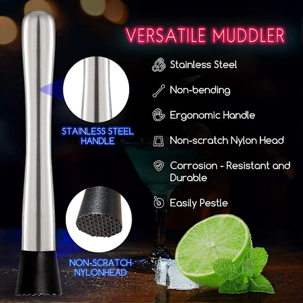 10-tommers Cocktail Muddler og Blandeskje i Rustfritt Stål, Hjemmebar Verktøysett - Lag Deilige Mojitos og Andre Fruktbaserte Drikker