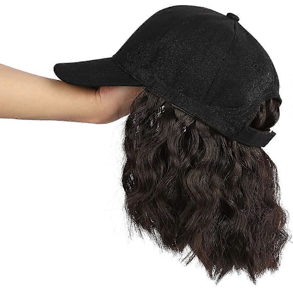 Hattperuk för kvinnor Kort vågig baseballkepsperuk med lockiga hårförlängningar Peruk Syntetisk vågperuk Hatt Justerbar Brun Svart Baseballhattperuk