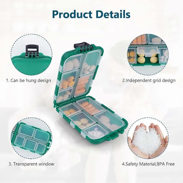Bærbar Pilleboks, 7 Dagers Daglig Pilleboks, Pilleboks med 10 Rom, Pillebokser i Plast, Medisin Pilledispenser for Vitaminer, Su