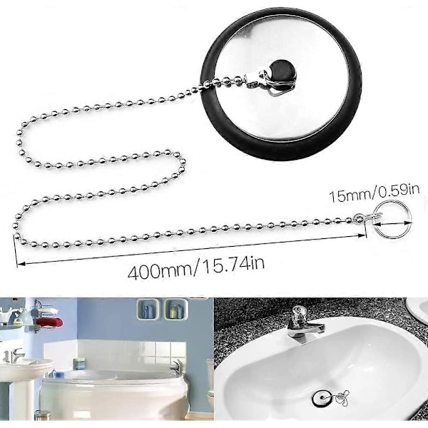 3 Stycken Diskbänksplugg Gummi med Kulkedja Badkar Köksvask Plugg 40mm för Diskbänk Handfat Badkar Svart