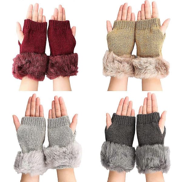 3 Par Päls Handskar Nya Stickade Ull Öppna Fingerhandskar Faux Ull Halvfingerhandskar C