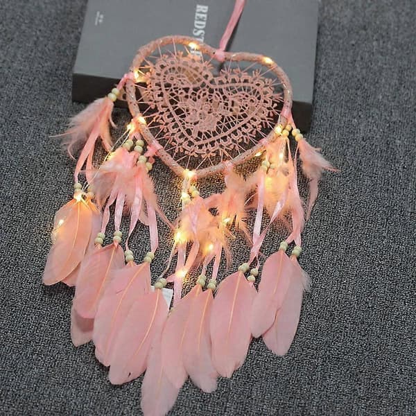 Drömfångare, Boho-stil LED-ljus Handgjord för Sovrum Bildekoration, Romantisk Väggmonterad Drömfångare (Ljusrosa, Ljus)