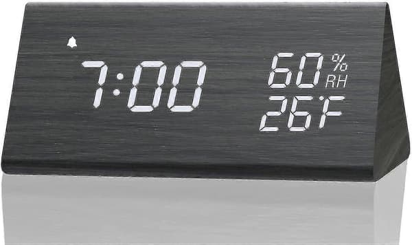 Digital väckarklocka med elektronisk LED-tidsvisning i trä