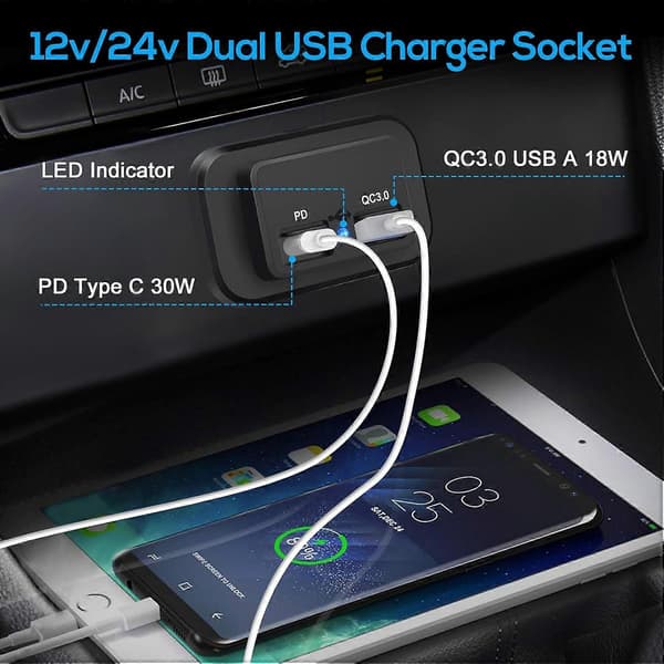 RV USB Stik, QC3.0 USB A &amp; USB C Porte Opladningsstik Panel, med LED Lys 12V/24V til Bil Marine Båd, 1 stk.