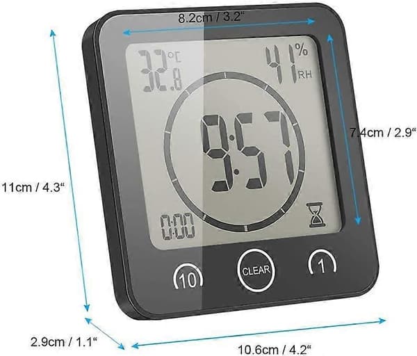Badrumsklocka, LCD Digital Väckarklocka med Vattentät Touch Duschklocka, Temperatur Luftfuktighet, Nedräkningstimer, 3 Monteringsmetoder, Batteridriven