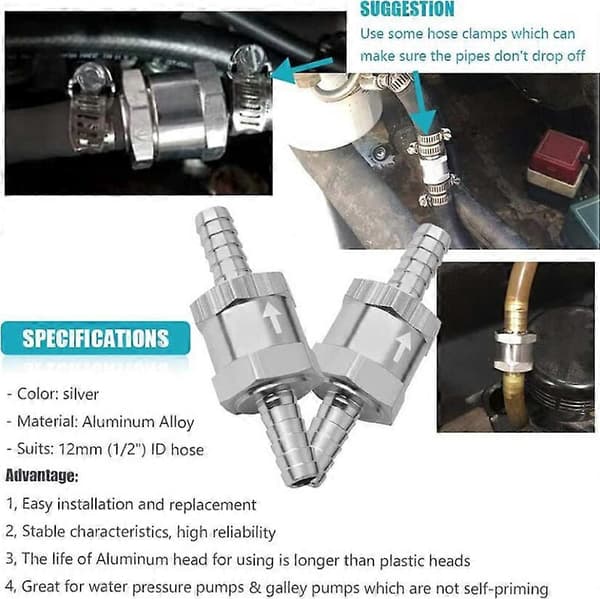 2 st Bränsle backventil, 6 mm Aluminiumlegering Bensin Diesel Bränsleledning Backventil för Bil Motorcykel Husvagn Backventil
